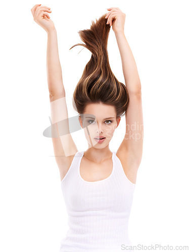 Image of Beauty, hair and salon with portrait of woman for cosmetics, fashion and luxury treatment. Isolated, hair care and shine with face of girl for keratin, glow and self care in white background studio