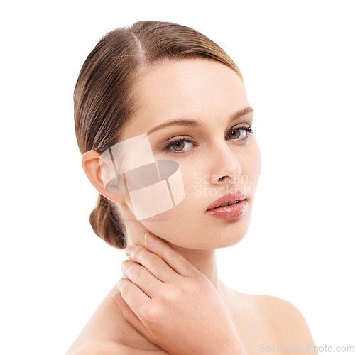 Image of Woman, portrait or beauty skincare with makeup cosmetics, dermatology self love or healthcare wellness routine. Zoom, model or face with facial glow, healthy collagen or hairstyle on white background