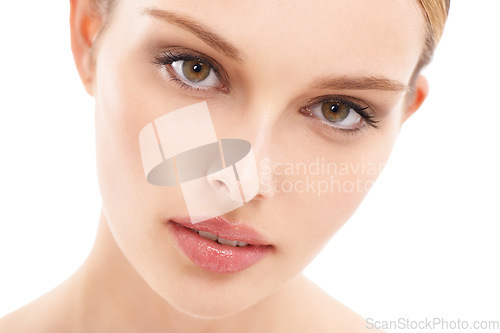 Image of Face, beauty and woman in portrait with skincare closeup, healthy skin with glow against white background. Eyes, vision and facial zoom with makeup and natural cosmetics, dermatology and wellness