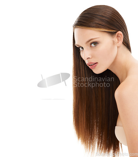 Image of Woman, portrait and brunette hairstyle by white background mockup for keratin treatment, dye marketing or advertising. Beauty model, face and brown hair card on skincare or isolated mockup backdrop