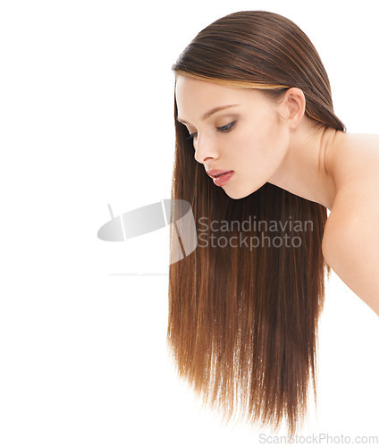 Image of Beauty, hair care and young woman in studio with a cosmetic, long and shiny hair style. Wellness, natural treatment and female model with brunette hair isolated by white background with mockup space.