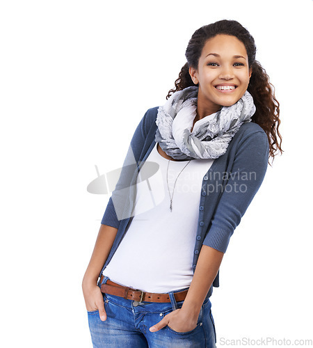 Image of Woman, model portrait and smile with fashion and natural beauty with hands in pockets. White background, black woman isolated and african person with happiness and smiling feeling cute and beautiful