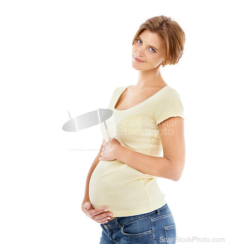 Image of Mom, happy woman portrait and pregnant stomach holding with love, happiness and smile from pregnancy. Young, mother, care and hands on abdomen to show loving mama with calm lifestyle with mock up