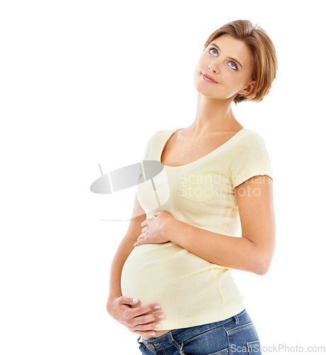 Image of Think, portrait and woman pregnancy with stomach holding to show love, care and smile for child. Pregnant, thinking and calm mother with loving hands on abdomen with happiness for baby with mockup