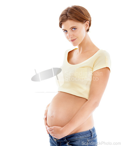 Image of Woman, pregnancy and stomach hold portrait to show baby love, happiness and smile. Happy mom care, wellness and mother hands holding abdomen showing loving new young mama empowerment with mockup