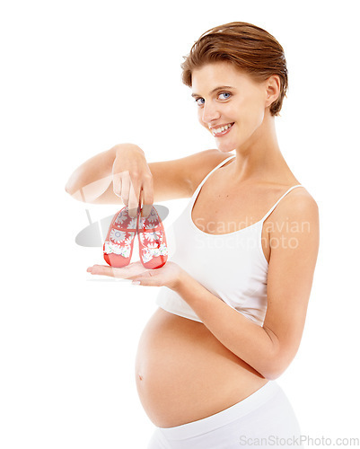 Image of Baby shoes, pregnant woman and mother portrait with happy smile and pregnancy stomach. Young, healthy and happiness of a mom excited about clothing for babies and motherhood family care for child