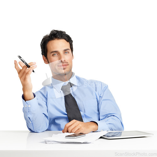 Image of Businessman working, documents and pen in portrait with technology for research and notes against white background. Corporate law, male lawyer study for legal case with tablet and phone at desk