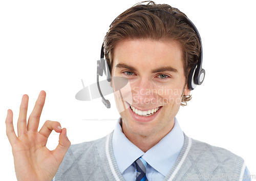 Image of Call center portrait, business man and ok hand sign of crm consultant showing support and yes. Thank you, success and agreement hands gesture of customer service employee happy with white background