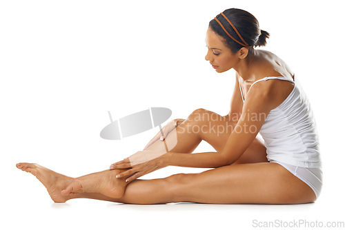 Image of Beauty, legs and skincare woman in studio for cosmetics, spa beauty or self care marketing mockup. Dermatology, aesthetic and luxury skin care model with hair removal results on advertising mock up