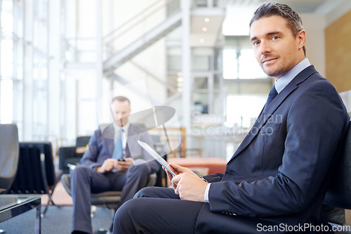Image of Corporate, portrait or businessman with tablet in office building for communication, networking or blog news. Focus, travel or manager in airport with technology for social media or social network