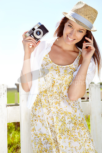 Image of Photographer, camera or woman portrait in holiday, summer vacation or Germany sightseeing break. Smile, happy or travel influencer with vlogger photography equipment in tourist nature review