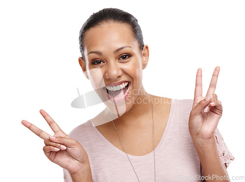 Image of Peace sign, smile and portrait of woman on a white background for happy, relaxing and positive mindset. Beauty, emoji and face of girl isolated in studio with hand gesture for calm, wellness and zen