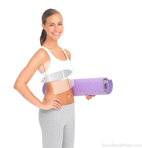 Image of Girl, studio portrait and holding yoga mat for meditation, happiness and white background for exercise. Isolated model, yoga or pilates workout with mindfulness, health and fitness for strong body