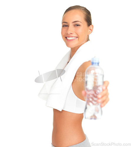 Image of Fitness woman giving water bottle in studio for health, wellness and training motivation or offer. Liquid. nutrition and sports athlete mockup with hand holding product isolated on white background