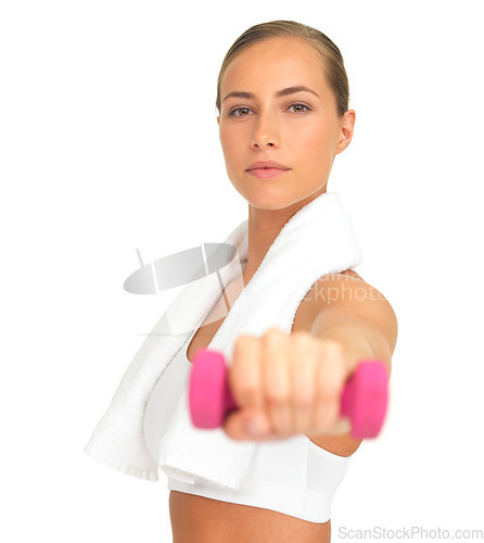 Image of Studio portrait, woman and hand with dumbbell, focus and workout for goals, health and white background. Isolated model, weightlifting and mindset for healthy training, wellness and strong body