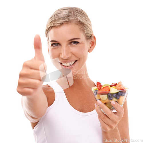 Image of Diet, fruit salad and portrait of woman with thumbs up, eating healthy and happy isolated on white background. Health, salad and nutrition, beautiful happy woman with fruit, food and yes hand gesture