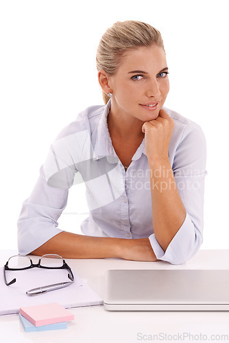 Image of Business woman, portrait or laptop on isolated white background for cv review, job interview or recruitment. Smile, happy or human resources manager with technology, paper documents or vision ideas