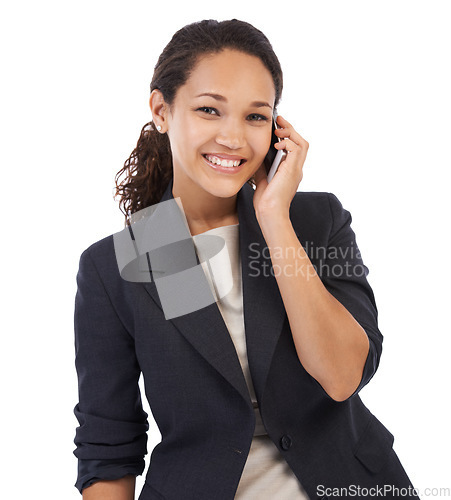 Image of Business call, phone and portrait of a black woman on mobile chat online with a smile. White background, isolated and employee with happiness from marketing success and mobile phone in studio