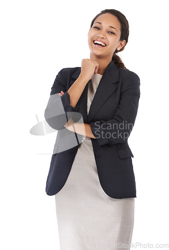 Image of Business woman, laugh and success portrait of a employee with smile happy with white background. Isolated, happiness laughing and black woman worker excited about corporate law work with mockup