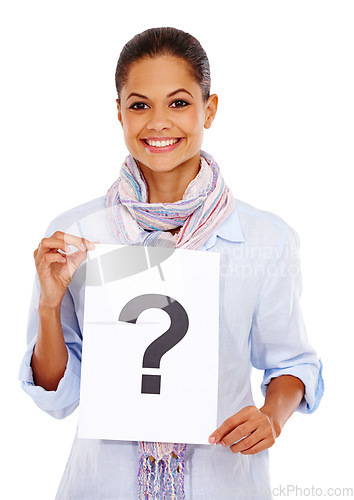 Image of Black woman, question paper and smile portrait for poster advertising, branding marketing and isolated in white background. African girl, question mark board and happiness or confident face in studio