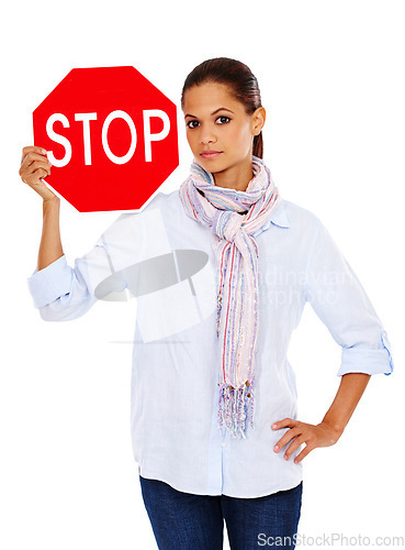 Image of Woman with stop road sign, traffic rules and caution in portrait with stop sign isolated on white background. Warning sign, red with limit and danger, road regulations and young female with signage