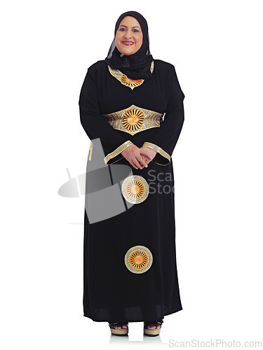 Image of Fashion, white background and portrait of senior Muslim woman with confidence, elegance and empowerment. Culture, religion and female isolated in studio with Islamic, cultural and Arabian clothes
