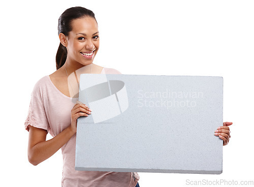 Image of Studio, mockup and woman with banner on a white background for announcement, information and message. Marketing, advertising and portrait of girl isolated with poster for branding, logo and print