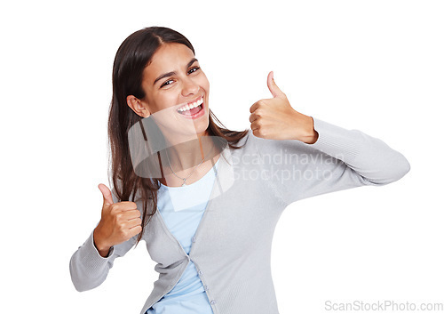 Image of Happy, thumbs up and portrait of a woman with emoji for winning, success and thank you for support or vote. Excited female with yes or like for deal, sale or discount isolated on a white background