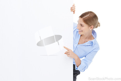 Image of News, announcement and businesswoman with blank sign, mockup and product placement isolated on white background. Advertising, marketing and body portrait of happy woman with poster board and smile.