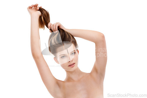 Image of Hair care, beauty and portrait of woman in studio doing natural, long and straight hair style. Wellness, self care and female model with keratin, brazilian or botox hair treatment by white background