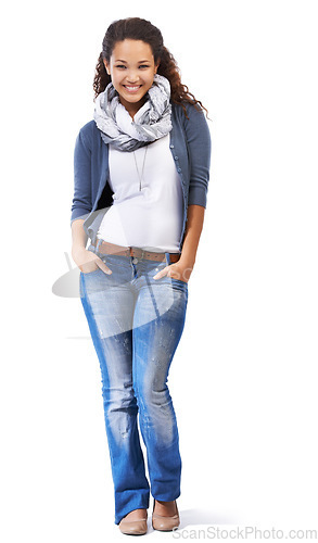 Image of Black woman, model and portrait of a happy person with fashion and natural beauty. White background, woman and isolated student with hands in jeans, happiness and full body standing feeling cute
