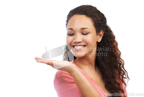 Image of Beautiful, young woman and smile with hand out for marketing, advertising or product against white studio background. Happy isolated female model posing with palm for advertisement or brand on mockup