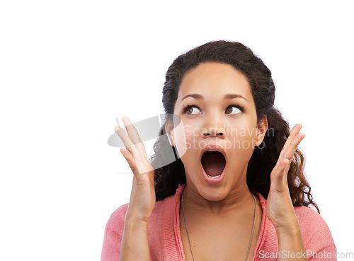 Image of Black woman, wow face and hands in studio for shocked expression, news or open mouth by white background. Woman, surprise facial and isolated model with fashion, announcement or notification with omg