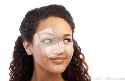 Image of Thinking, idea and mockup with a black woman in studio on a white background for marketing or advertising. Mock up, dreaming or ideas with a beautiful young female looking pensive while contemplating