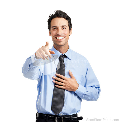 Image of Businessman portrait, you or pointing hands in employment opportunity, candidate choice or selection on studio background. Smile, happy or choosing worker finger in vote or optimism gesture on mockup