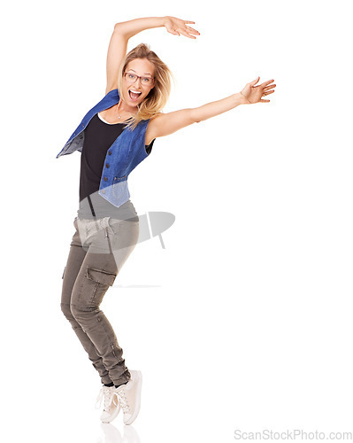 Image of Portrait, dance and mockup with a woman excited in studio on a white background to promote advertising space. Marketing, mock up and product placement with a young female dancing for fun and success