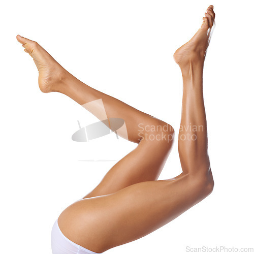 Image of Skincare, legs and feet of a woman for cosmetics, wellness and epilation for clean and healthy body and skin. Beauty, foot and leg of a female on a white background for hair removal and spa treatment