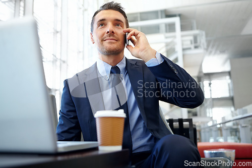 Image of Corporate, phone call or business man in office building for networking, communication or b2b network. Happy, smile or manager with smartphone for planning meeting, strategy or speaking on mobile