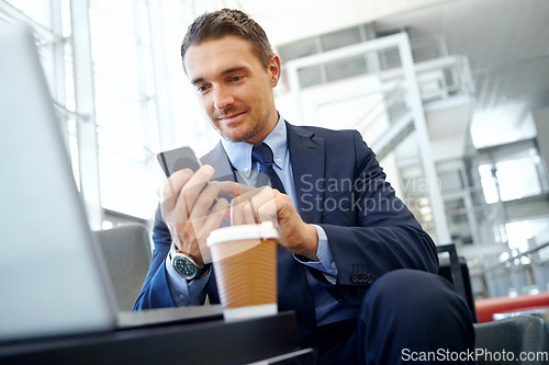 Image of Businessman with phone, communication and social media, executive in corporate lounge with technology and coffee Contact, man online and email networking and management with b2b and social network