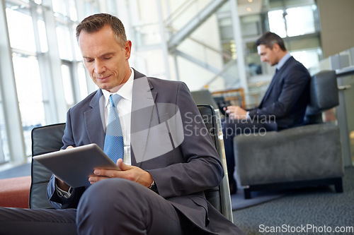 Image of Hotel, tablet and networking with businessman in lounge of corporate company for search, internet and contact. Communication, planning and idea with men in lobby for technology, goal and email