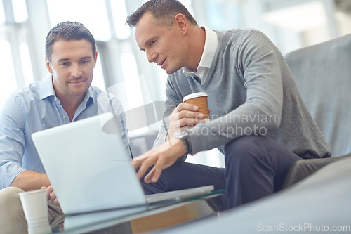 Image of Negotiation meeting, businessman or clients on laptop in company lobby for strategy, planning or feedback. Professional people, financial advisor or employee talking to partner of startup investment