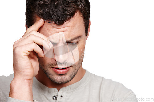 Image of Man, headache and stress face in studio for depression, mental health and burnout anxiety in white background. Person, head pain and hands frustrated, worried or tired closed eyes isolated in studio