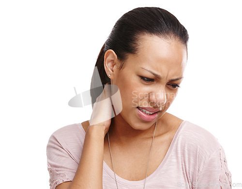 Image of Discomfort, stress and woman in studio with neck pain, injury or accident with medical emergency. Painful, hurt and female from Mexico with muscle sprain, sore or tension isolated by white background