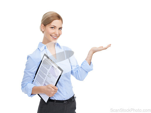 Image of Portrait, documents and mockup with a business woman in studio on a white background for product research or advertising. Review, brand or data with a female employee holding a clipboard for a survey