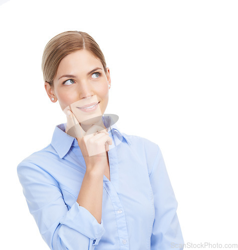 Image of Business woman, thinking and space for an idea on a white background with a smile and vision. Face of a female entrepreneur in studio brainstorming ideas, decision or solution startup marketing