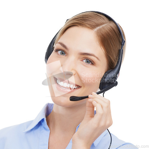 Image of Customer service, face portrait and woman at call center in studio isolated on white background. Crm, contact us and smile of happy female telemarketing worker, consultant or sales agent from Canada.