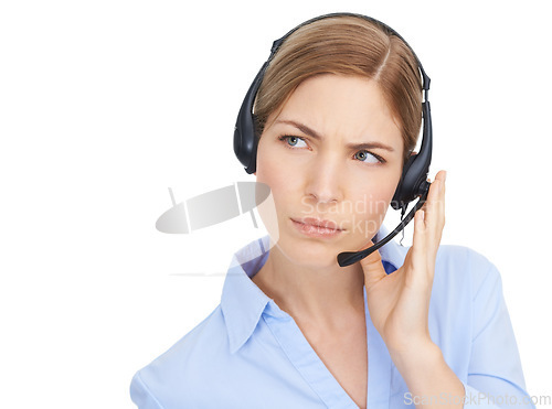 Image of Thinking, customer service and face of woman at call center in studio isolated on white background mock up. Crm, ideas and doubt of female telemarketer, consultant or sales agent listening on headset