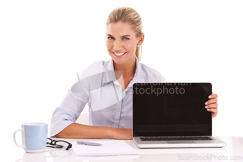 Image of Laptop mockup, portrait and businesswoman in studio, white background and isolated for advertising space. Happy worker, female model and computer technology, website and digital marketing platform