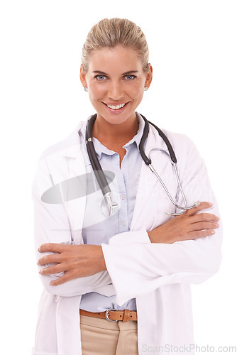 Image of Portrait, doctor and woman with arms crossed in studio isolated on a white background. Face, healthcare wellness and smile of happy, confident and proud female medical worker or physician from Canada