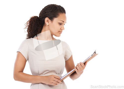 Image of Business, reading and portrait of woman with clipboard survey, checklist or report with mock up. Management, schedule or inventory list for small business orders and black woman on white background.